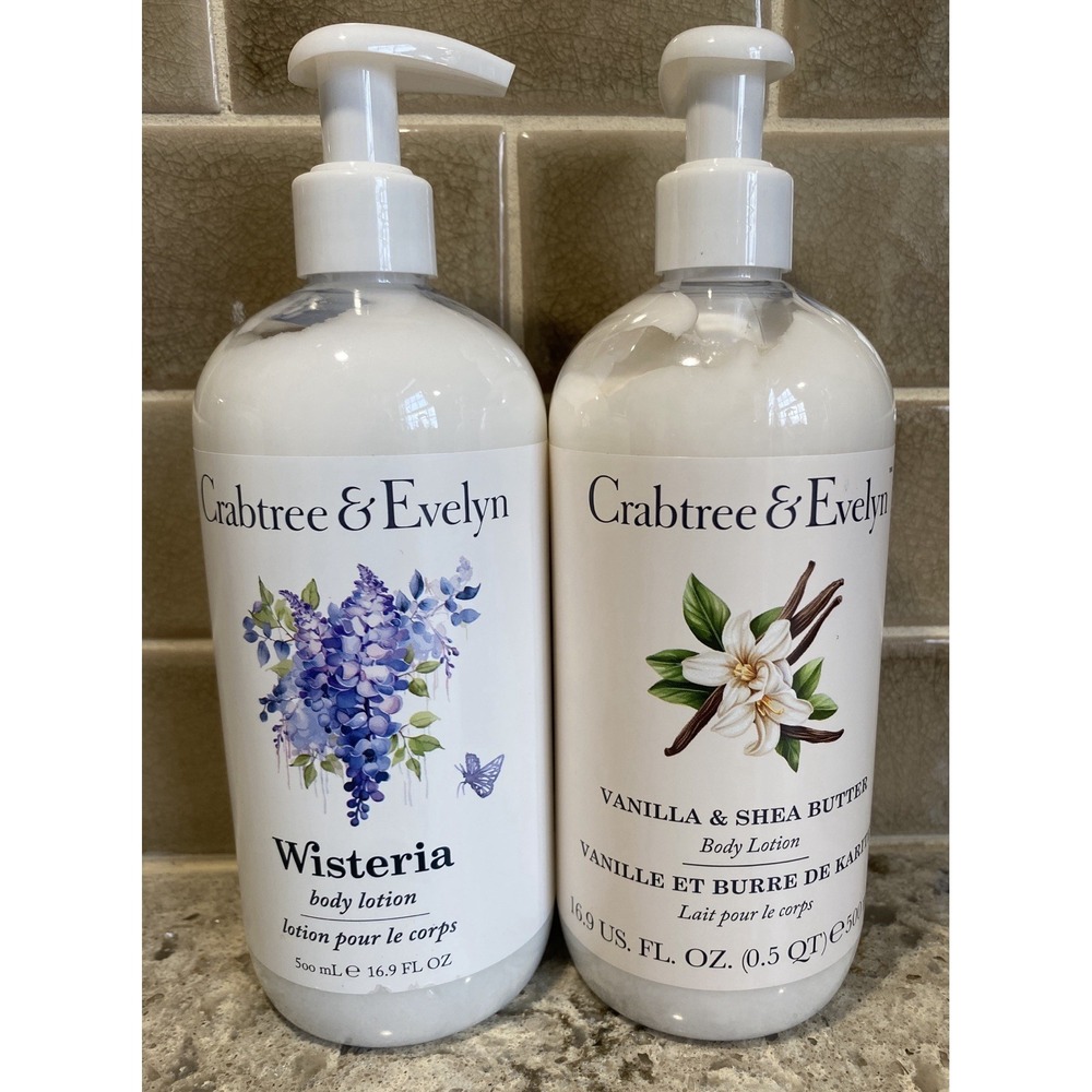 RARE Crabtree & Evelyn 500ml Body Lotion Set - Wisteria & Vanilla Shea Butter